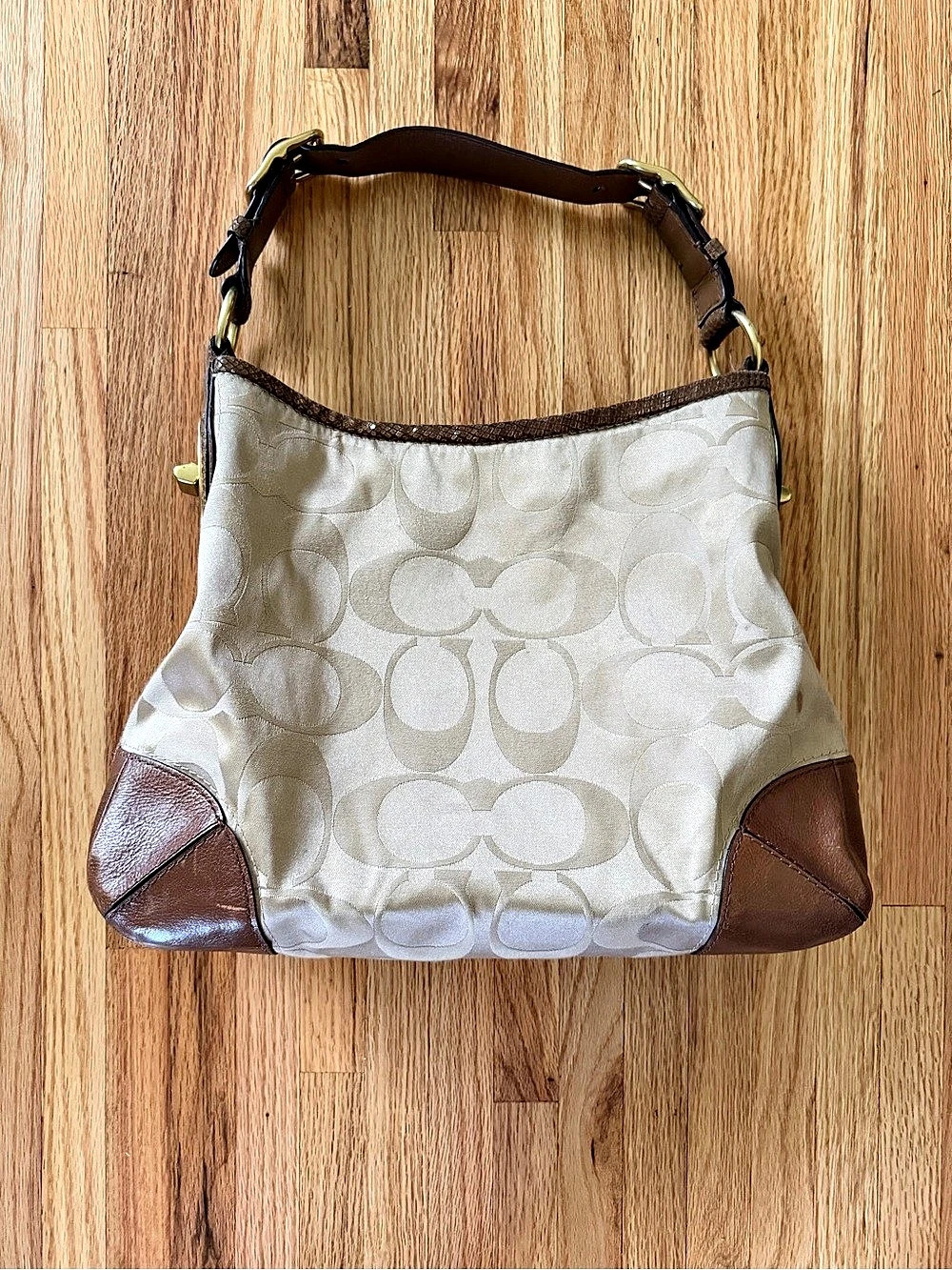 Coach Peyton Signature Sateen Hobo Signature Shoulder Bag in Cream & Brown